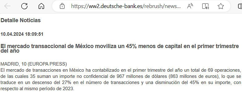 El mercado transaccional de Mxico moviliza un 45% menos de capital en el primer trimestre del ao